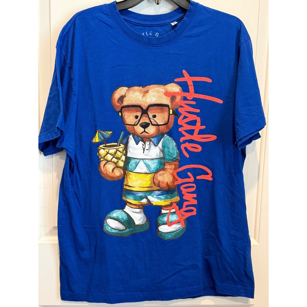 Hustle Gang Mens Blue Graphic T-Shirt Summer Bear Pineapple XL Streetwear Tee